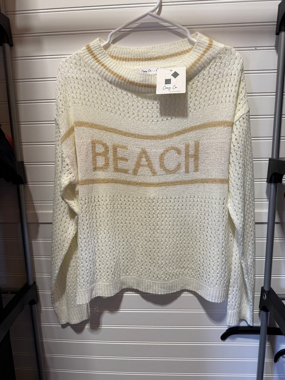 NWT Cozy Casuals Open Knit Pullover Sweater with Center Beach Wording Size ML